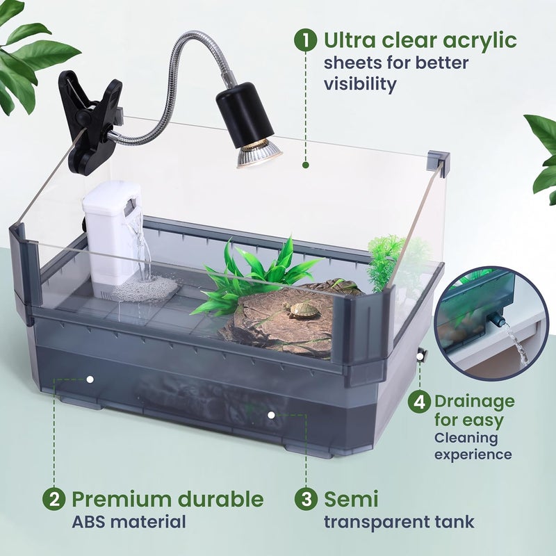 HYPESIDE Small Turtle Tank Kit for Aquatic Turtles – Complete Starter Habitat with Filter, UVB Lamp, Basking Platform, Plants – Turtle Aquarium Kit (Black) - Image 2